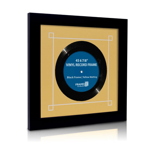 45 RPM Vinyl Record Frame | Wall Mounted Solid Wood Record Display Frame for Single 6 7/8-Inch Vinyl with Yellow Mat