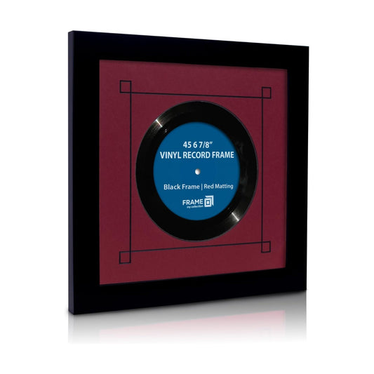 45 RPM Vinyl Record Frame | Wall Mounted Solid Wood Record Display Frame for Single 6 7/8-Inch Vinyl with Red Mat