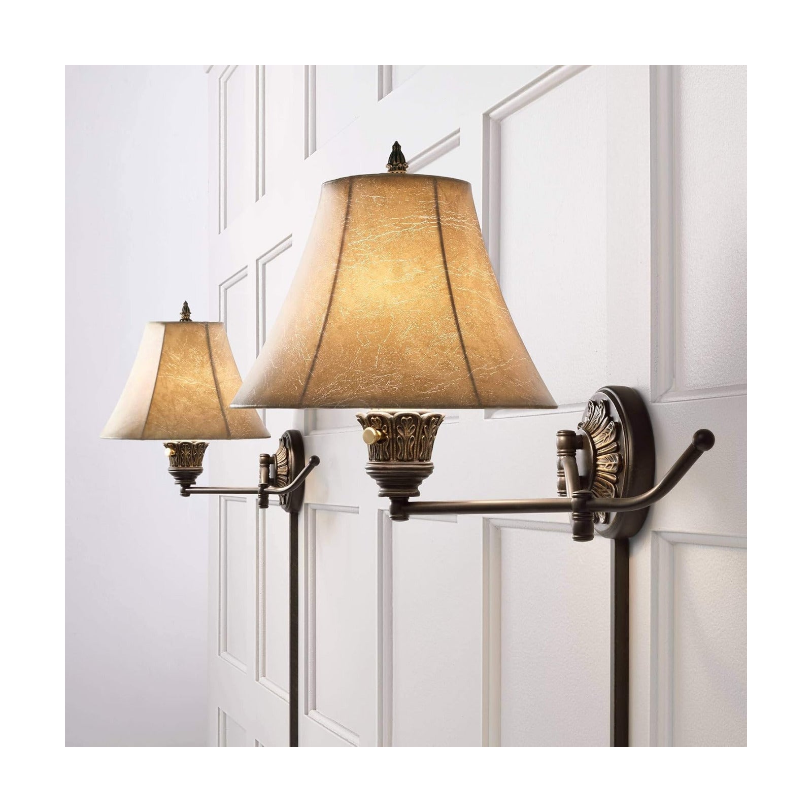 Rosslyn Bronze Plug-In Swing Arm Wall Lamps Set of 2 Rustic Light Fixture | French Country Faux Leather Bell Shade for