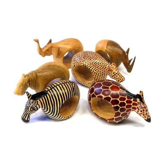 Mahogany Wood Animal Napkin Rings Set of Six / Assorted Animals