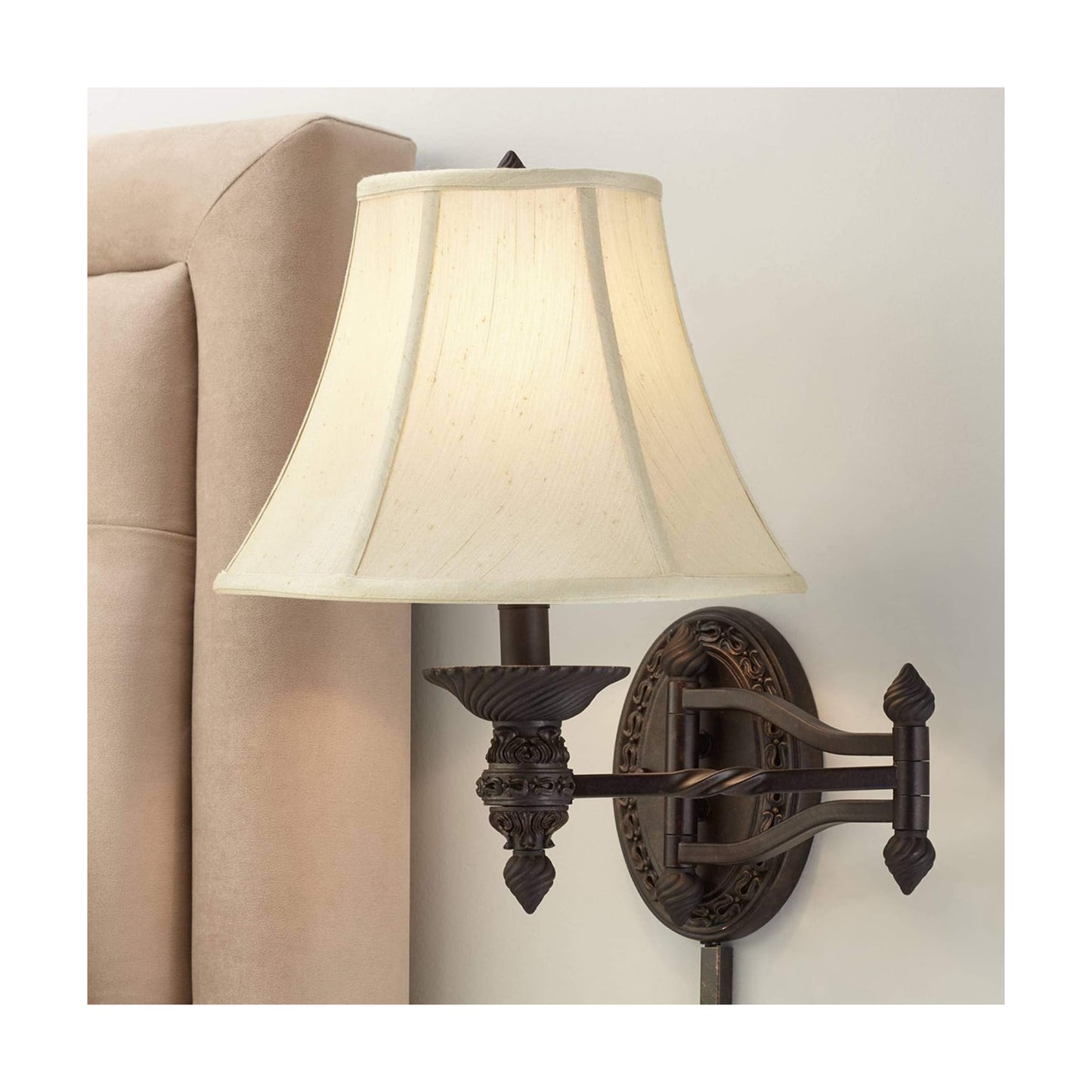 Godia Bronze Oval Plug-In Swing Arm Country Wall Lamp Light Fixture | French Indoor Dimmable Beige Softback Bell Shade