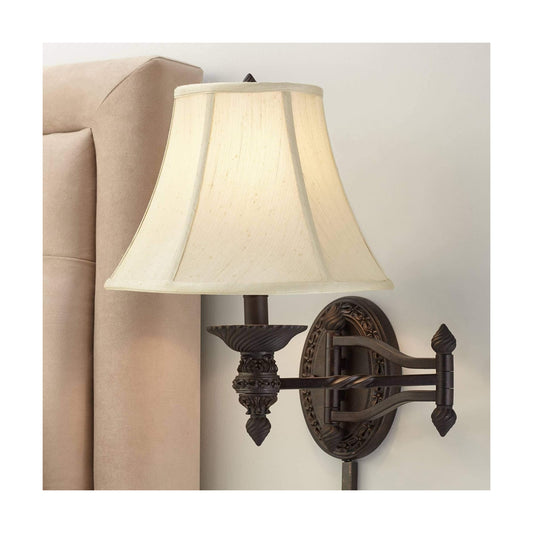 Godia Bronze Oval Plug-In Swing Arm Country Wall Lamp Light Fixture | French Indoor Dimmable Beige Softback Bell Shade
