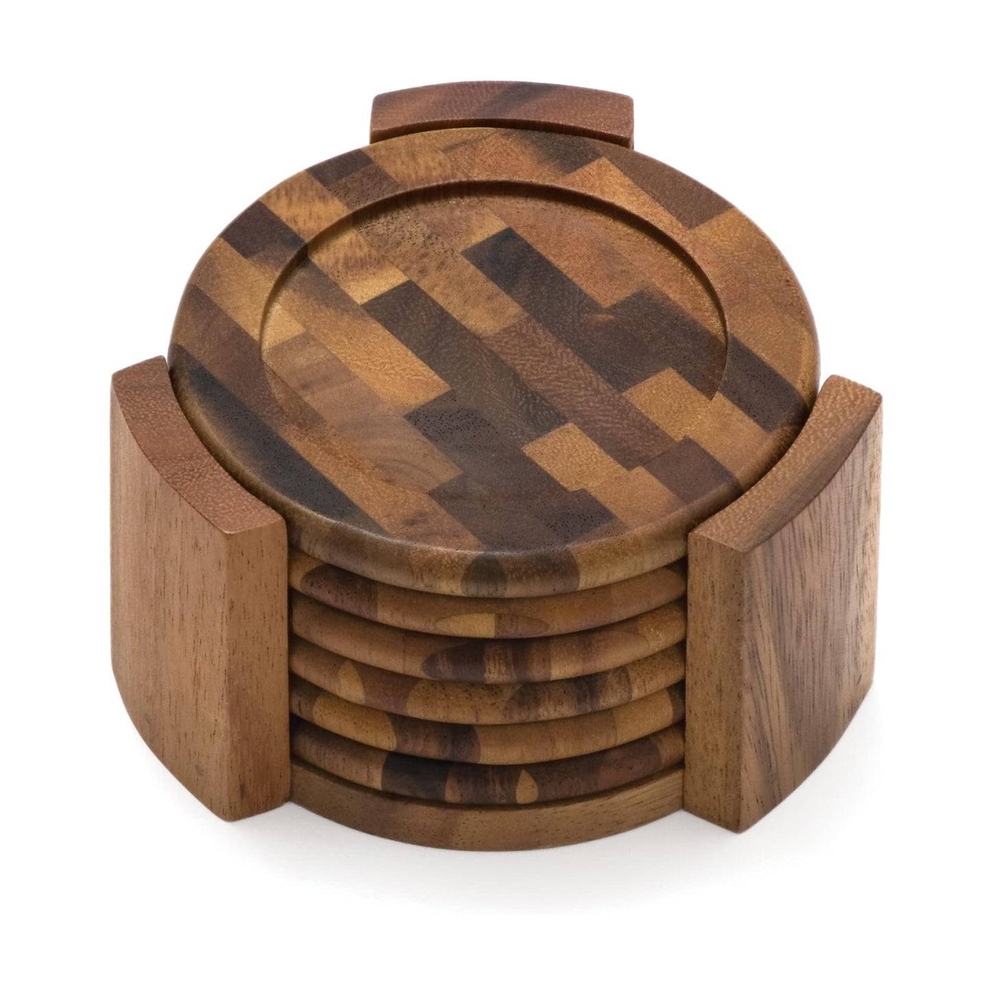Acacia End Grain Wood Coasters and Caddy / Acacia - End Grain / Round / Round Coasters and 1 Holder