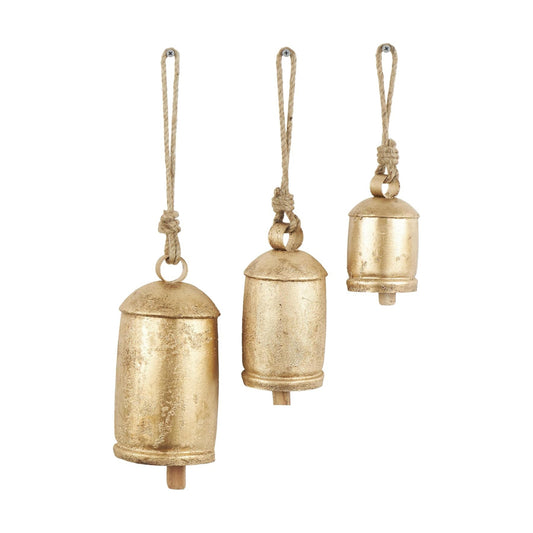 Deco 79 Metal Cow Bells, Meditation Bell, Set of 3, 10", 7", 5"H, Gold | Indoor metal art Tibetan inspired decorative