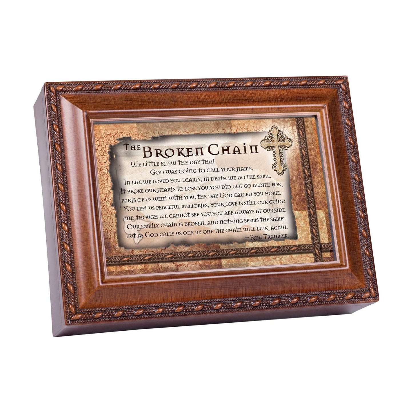 Broken Chain Inspirational Woodgrain Rope Trim Music Box Plays Amazing Grace