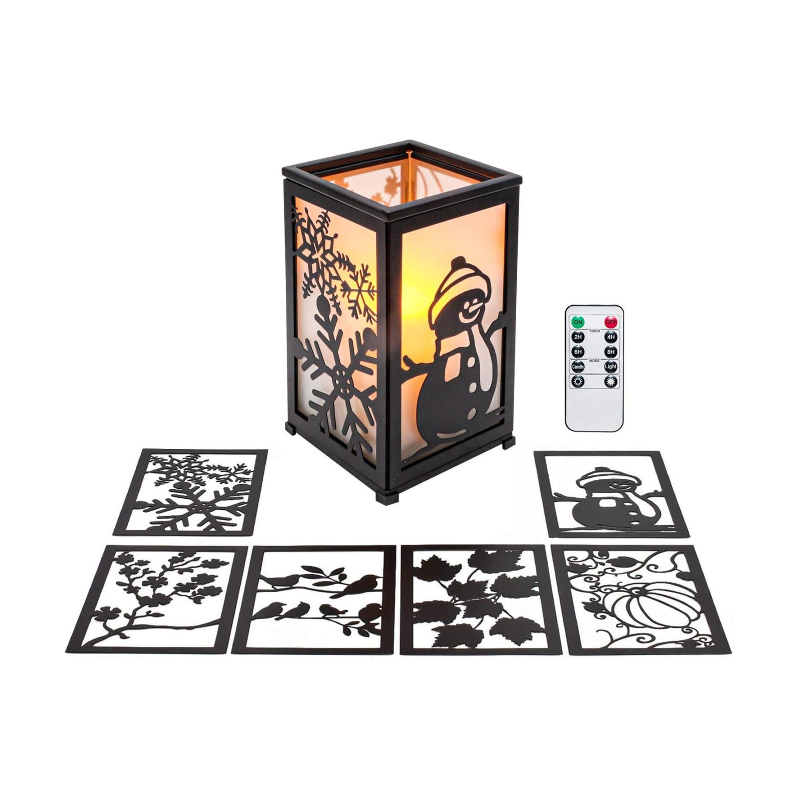 Decorative Led Candle Lantern with Timer Rustic Candle Lantern with Twelve Magnetic Seasonal Themed Panels ,5 x 5 x