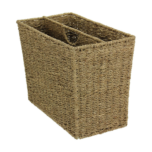 Household Essentials Wicker Magazine Rack, Handwoven Seagrass, Strong Metal Wire Frame, Built-In Handle and Divider