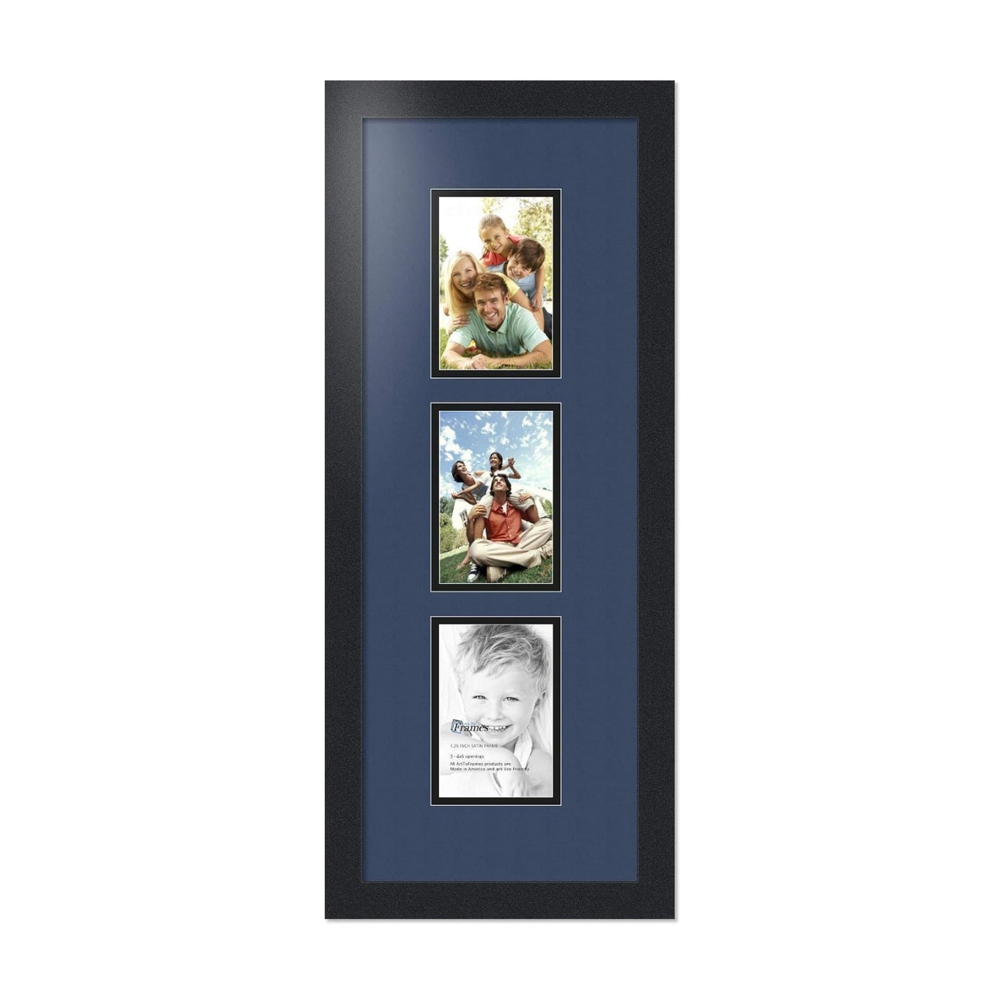 ArtToFrames Collage Photo Frame Double Mat with 3-4x6 Openings with Satin Black Frame and Midnight Blue mat.