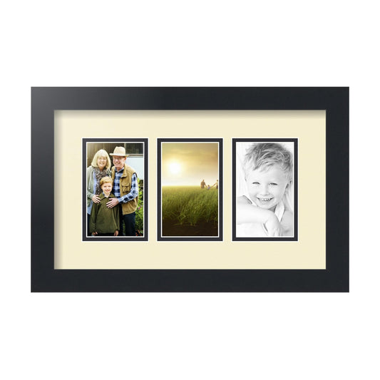 ArtToFrames Collage Picture Frame 3 Opening 3-3x5 Photo Frame | Made in USA | Black Frame Oyster and Black Mats | Wall