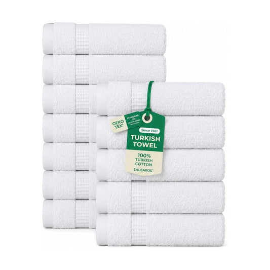 SALBAKOS 12-Piece 100% Turkish Cotton Washcloths and Face Towels, White | 13x13 in Standard Size Small Towel, Multi-use