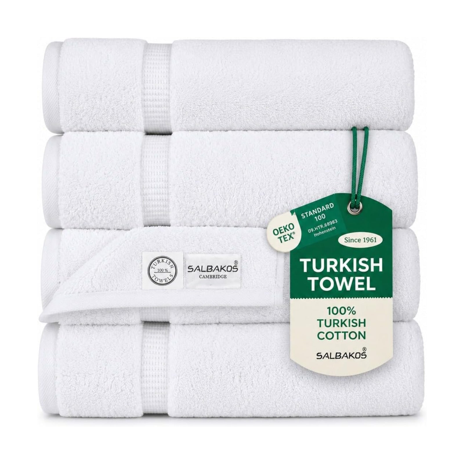 SALBAKOS 4-Piece 100% Turkish Cotton Bath Towels, 27x54 inch, White | Standard Size, 630 Gsm Thick Super Soft Highly