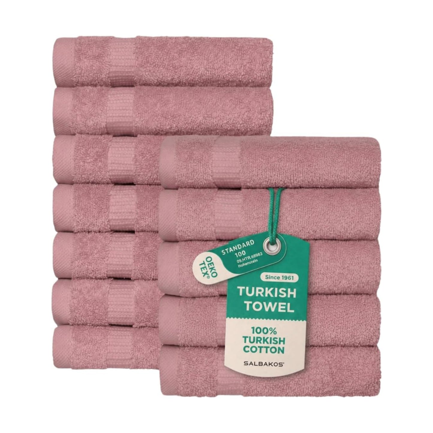 SALBAKOS 12-Piece 100% Turkish Cotton Washcloths and Face Towels, Rose | 13x13 in Standard Size Small Towel, Multi-use