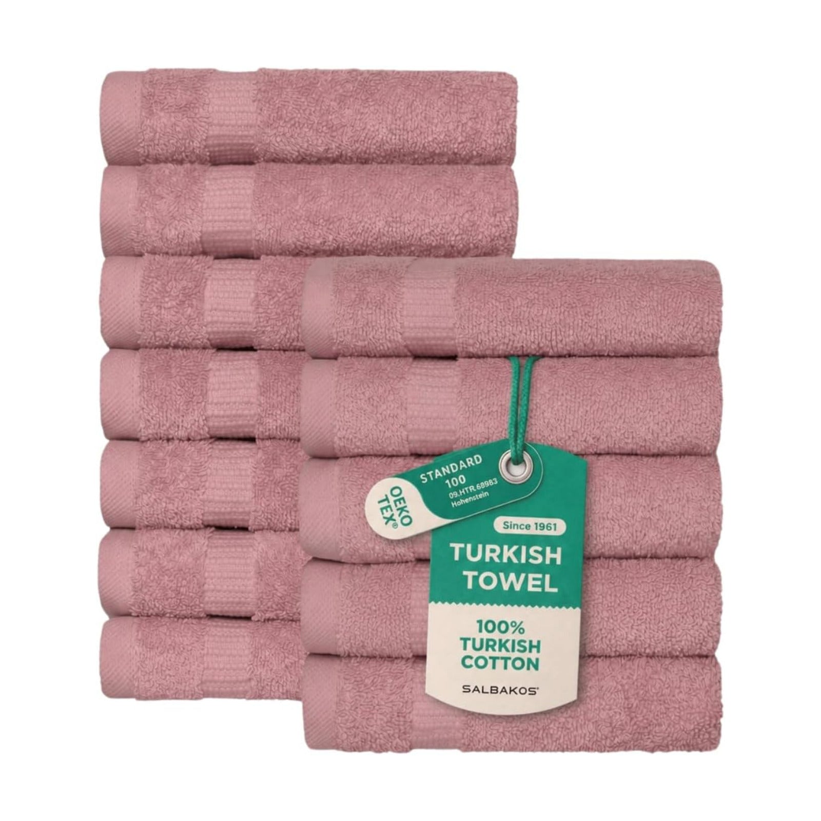 SALBAKOS 12-Piece 100% Turkish Cotton Washcloths and Face Towels, Rose | 13x13 in Standard Size Small Towel, Multi-use