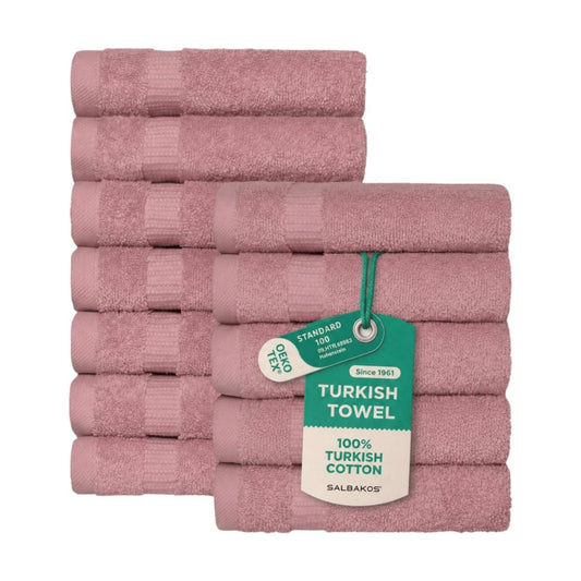 SALBAKOS 12-Piece 100% Turkish Cotton Washcloths and Face Towels, Rose | 13x13 in Standard Size Small Towel, Multi-use