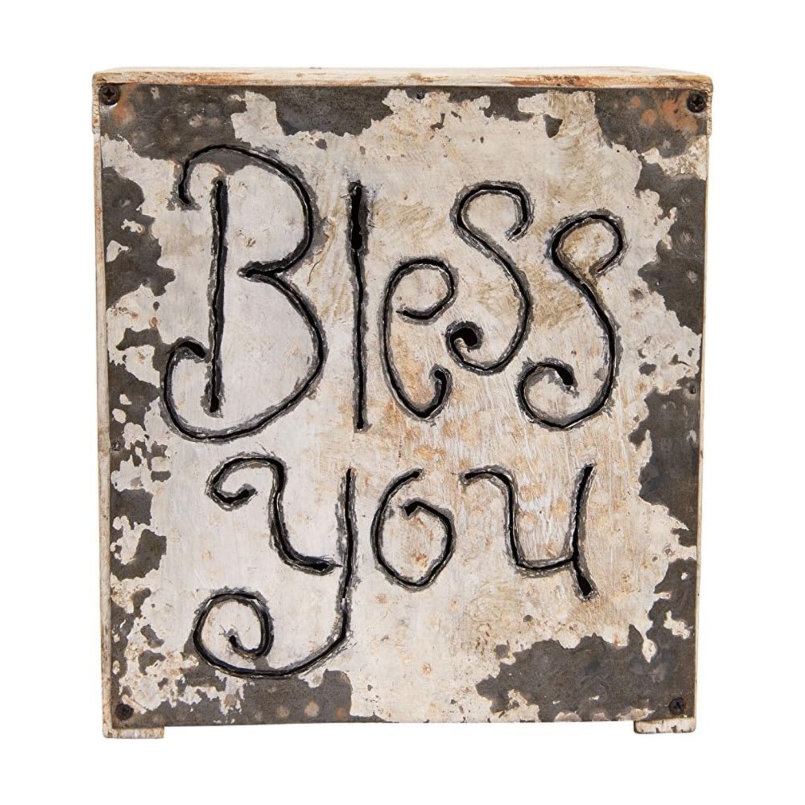 Wood & Metal Bless You Tissue Box Cover / White