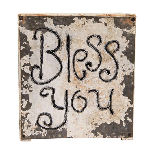 Wood & Metal Bless You Tissue Box Cover / White