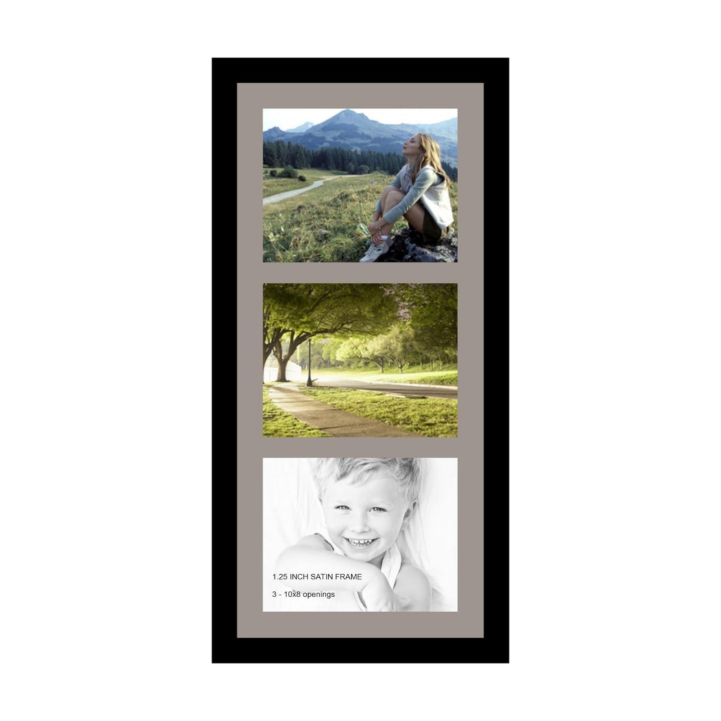 ArtToFrames Collage Photo Frame Single Mat with 3-8x10 Openings with Satin Black Frame and TV Grey mat.