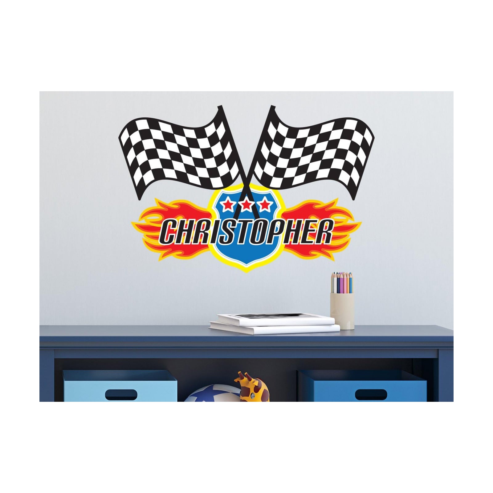 Custom Name Checkered Racing Flag Removable Fabric Wall Sticker / 26 x 17