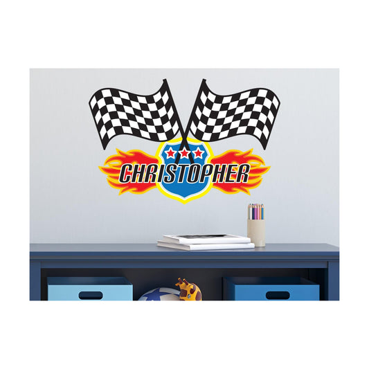 Custom Name Checkered Racing Flag Removable Fabric Wall Sticker / 26 x 17