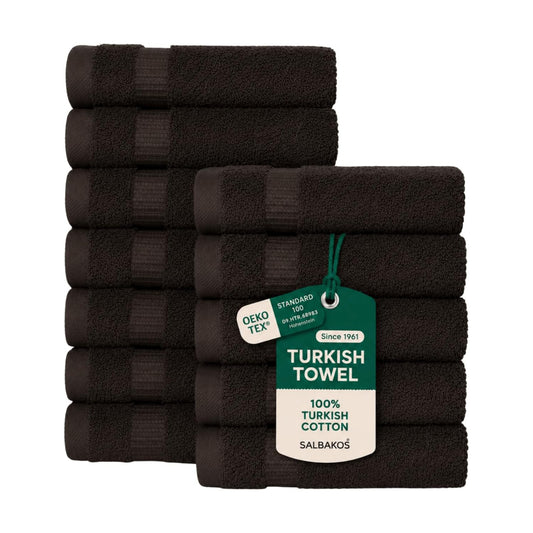 SALBAKOS 12-Piece 100% Turkish Cotton Washcloths and Face Towels, Chocolate | 13x13 in Standard Size Small Towel