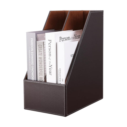 Wooden Leatherette Desktop File Folder Organizer and Document File Stand Journals Magazine Rack 2 Slots (brown)