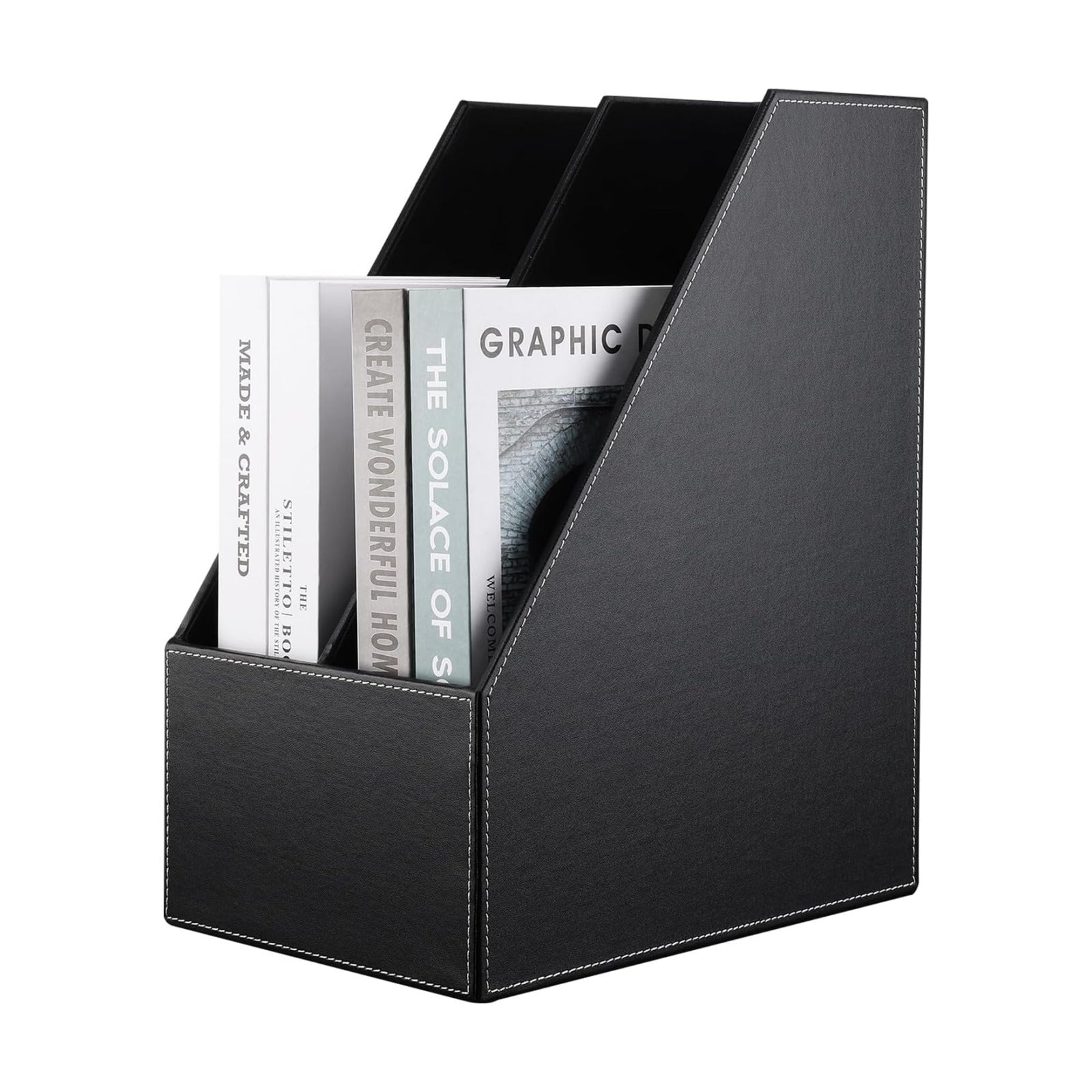 Wooden Leatherette Desktop File Folder Organizer and Document File Stand Journals Magazine Rack 2 Slots (black)