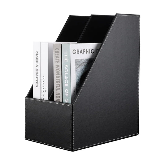 Wooden Leatherette Desktop File Folder Organizer and Document File Stand Journals Magazine Rack 2 Slots (black)