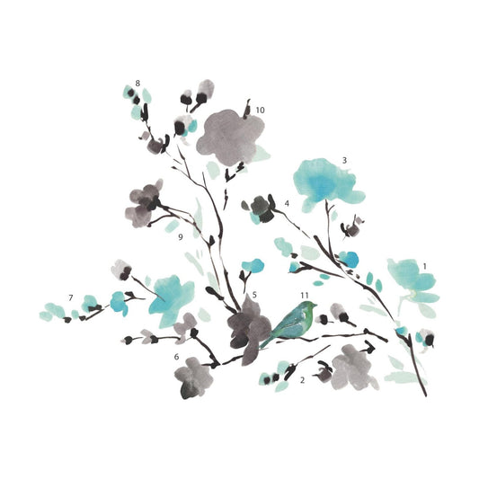 Blossom Watercolor Bird Branch Peel and Stick Wall Decals