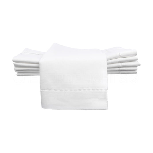 CleverDelights 20" White Hemstitch Dinner Napkins - 12 Pack - 55/45 Linen Cotton Blend