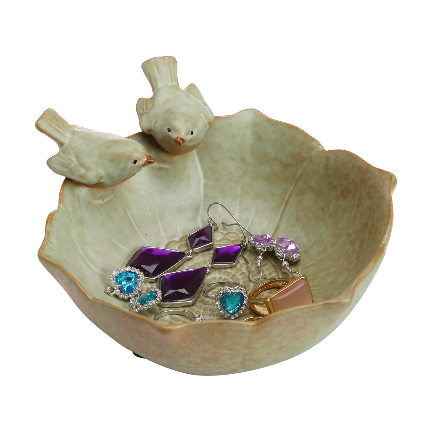 Decorative 2 Birds Garden Design Ceramic Serving Bowl/Jewelry Tray/Candy & Nut Dish / Green