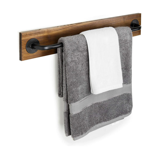 MyGift Industrial Pipe Towel Bar, 28" Burnt Wood Wall Mounted Towel Rack | Farmhouse Rustic Hanging Storage For