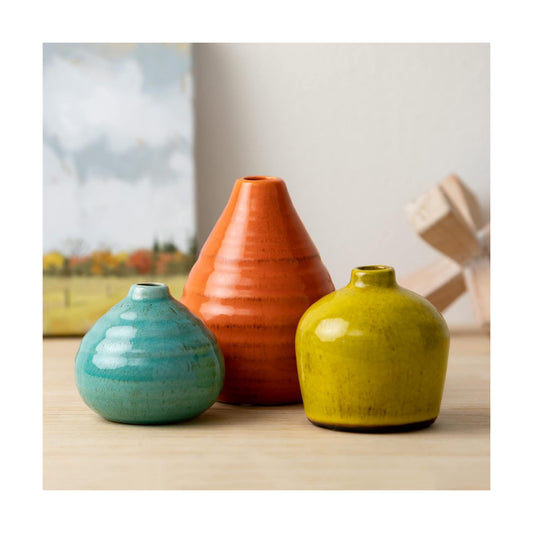 Ceramic Vase Set- 3 Small Vases / Aqua, Orange, Green / Set of 3