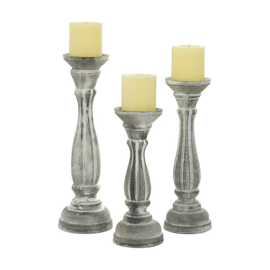 Deco 79 Wooden Decorative Candle Holder Distressed Turned Candle Stand, Set of 3 Candlestick Holder 15", 13", 11"H, Gray