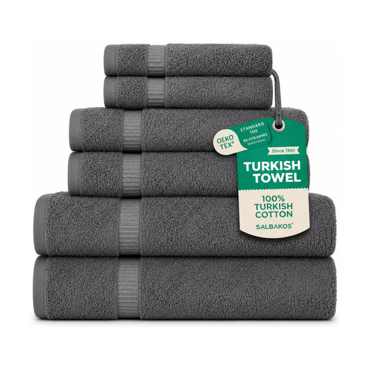 SALBAKOS 100% Turkish Cotton Bathroom Towel Set of 6-Piece, Gray | 630 Gsm Thick Super Soft Highly Absorbent 2 Bath + 2