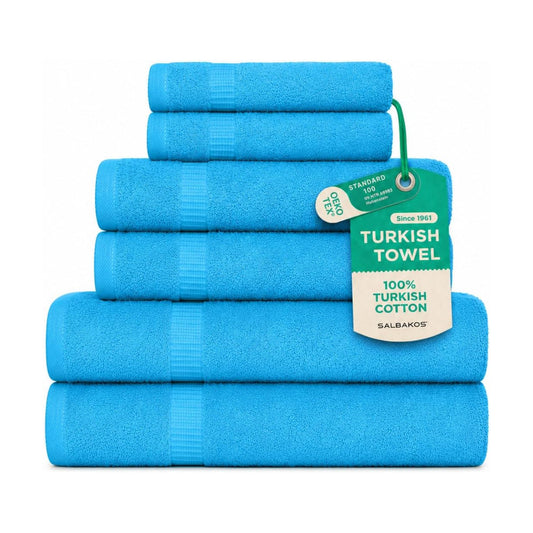 SALBAKOS 100% Turkish Cotton Bathroom Towel Set of 6-Piece, Aqua | 630 Gsm Thick Super Soft Highly Absorbent 2 Bath + 2