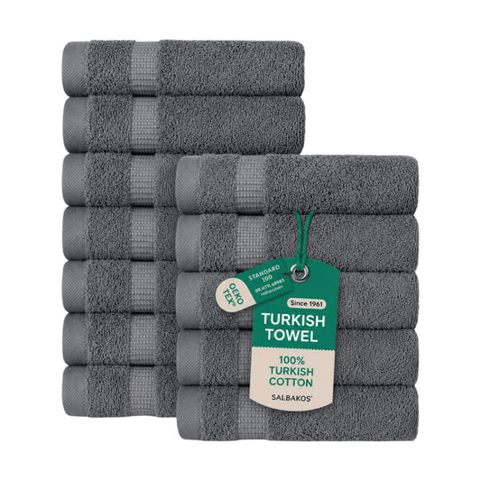 SALBAKOS 12-Piece 100% Turkish Cotton Washcloths and Face Towels, Gray | 13x13 in Standard Size Small Towel, Multi-use