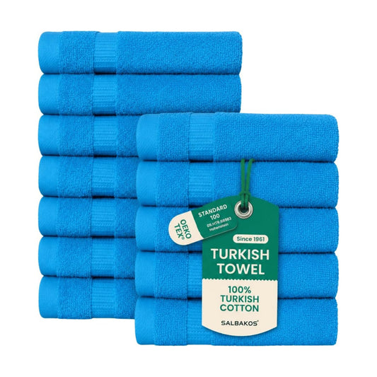 SALBAKOS 12-Piece 100% Turkish Cotton Washcloths and Face Towels, Aqua | 13x13 in Standard Size Small Towel, Multi-use