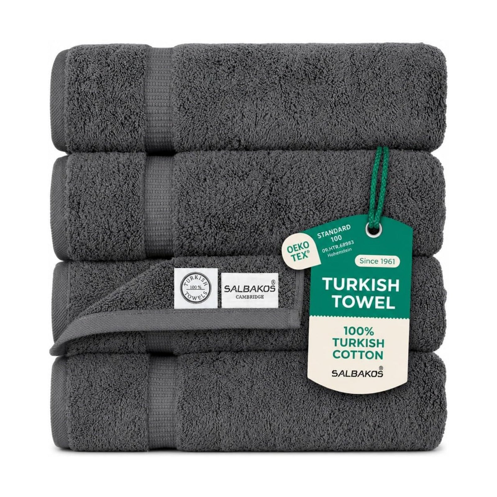 SALBAKOS 4-Piece 100% Turkish Cotton Bath Towels, 27x54 inch, Gray | Standard Size, 630 Gsm Thick Super Soft Highly