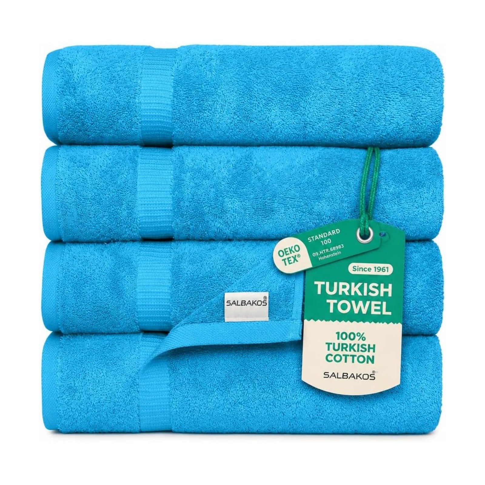 SALBAKOS 4-Piece 100% Turkish Cotton Bath Towels, 27x54 inch, Aqua | Standard Size, 630 Gsm Thick Super Soft Highly