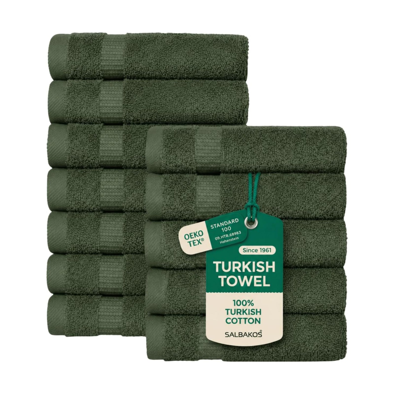 SALBAKOS 12-Piece 100% Turkish Cotton Washcloths and Face Towels, Green | 13x13 in Standard Size Small Towel, Multi-use