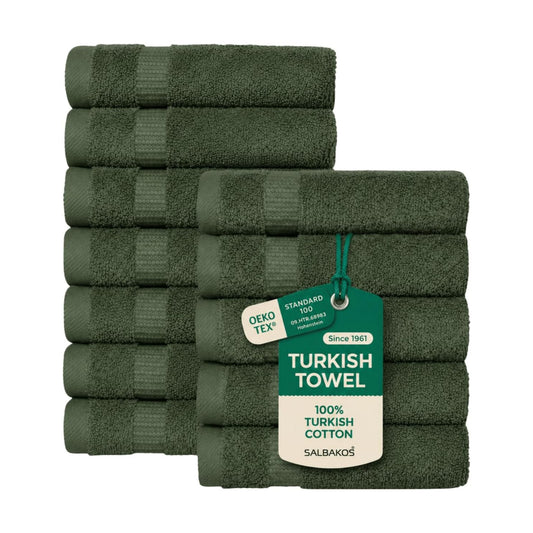 SALBAKOS 12-Piece 100% Turkish Cotton Washcloths and Face Towels, Green | 13x13 in Standard Size Small Towel, Multi-use
