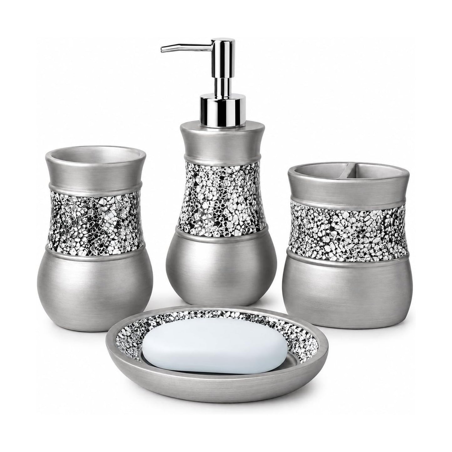 Creative Scents 4 Pc. Resin Bathroom Accessory Set | Silver Crackled Glass | Includes Soap Dispenser, Toothbrush