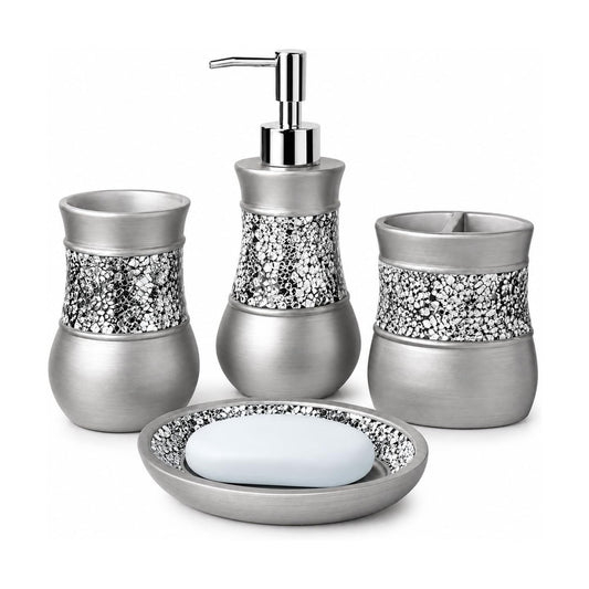 Creative Scents 4 Pc. Resin Bathroom Accessory Set | Silver Crackled Glass | Includes Soap Dispenser, Toothbrush