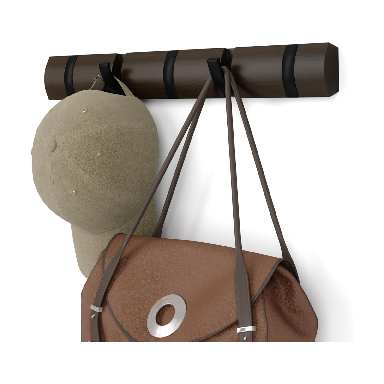 Umbra Flip Coat Rack, Wall Mounted 5-Hook Space Saving, Walnut/Black | Real wood and steel build, retractable hooks