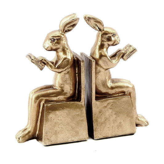 Rabbit Bookends / Studious Reading Bunny Decorative Book Ends / Gold / 7 Inch / Set of 2