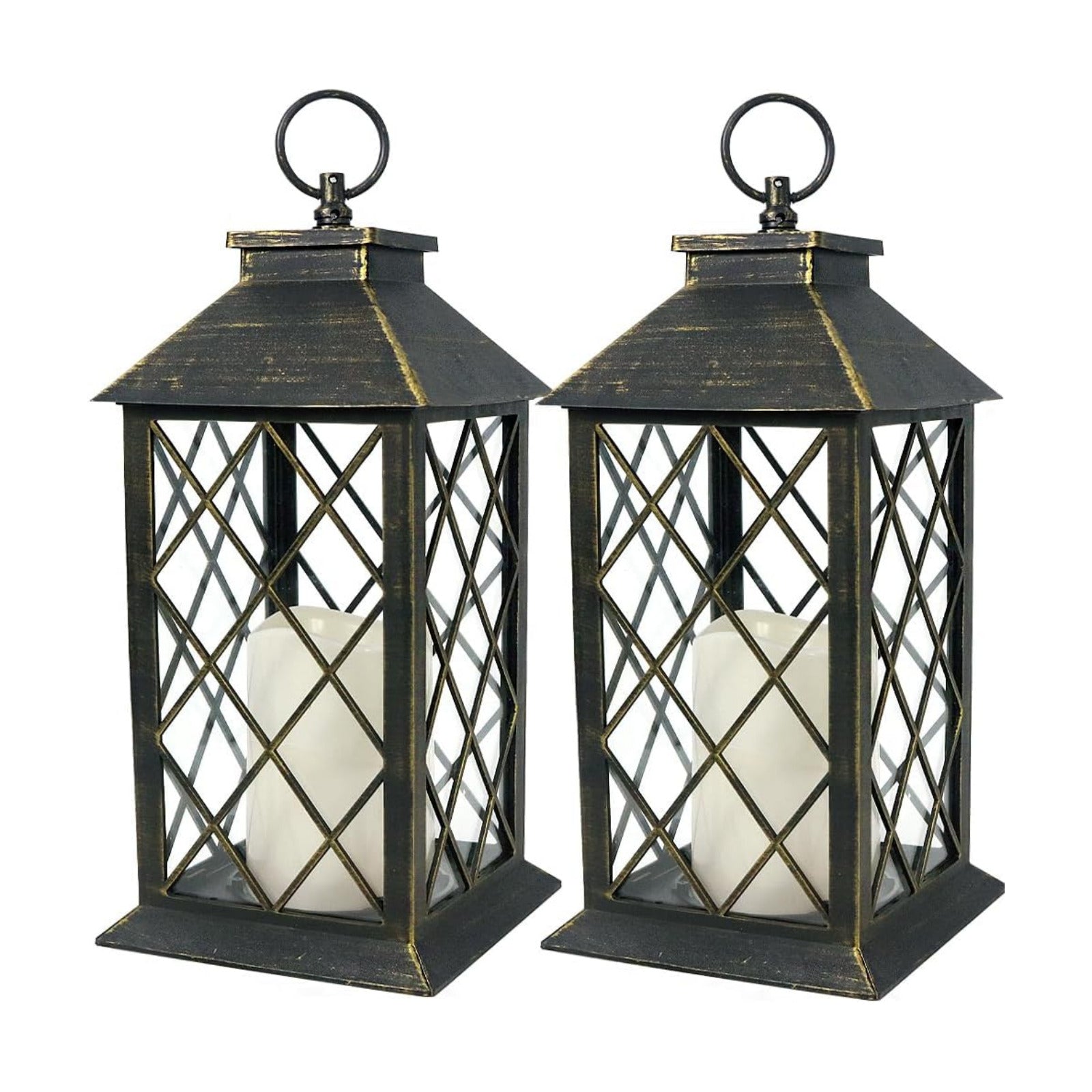 2-Pack 13.5" Vintage Candle Lantern with LED Candle (Distressed Gold, 6hr Timer) - IP44 Waterproof Outdoor Hanging