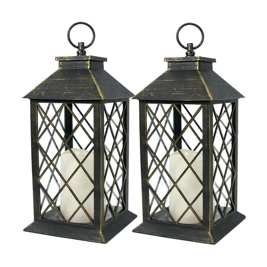 2-Pack 13.5" Vintage Candle Lantern with LED Candle (Distressed Gold, 6hr Timer) - IP44 Waterproof Outdoor Hanging