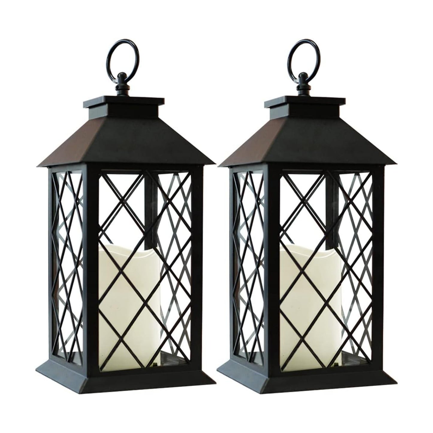 2-Pack 13.5" Vintage Candle Lantern with LED Pillar Candle (Black, 6hr Timer) - IP44 Waterproof Battery Powered