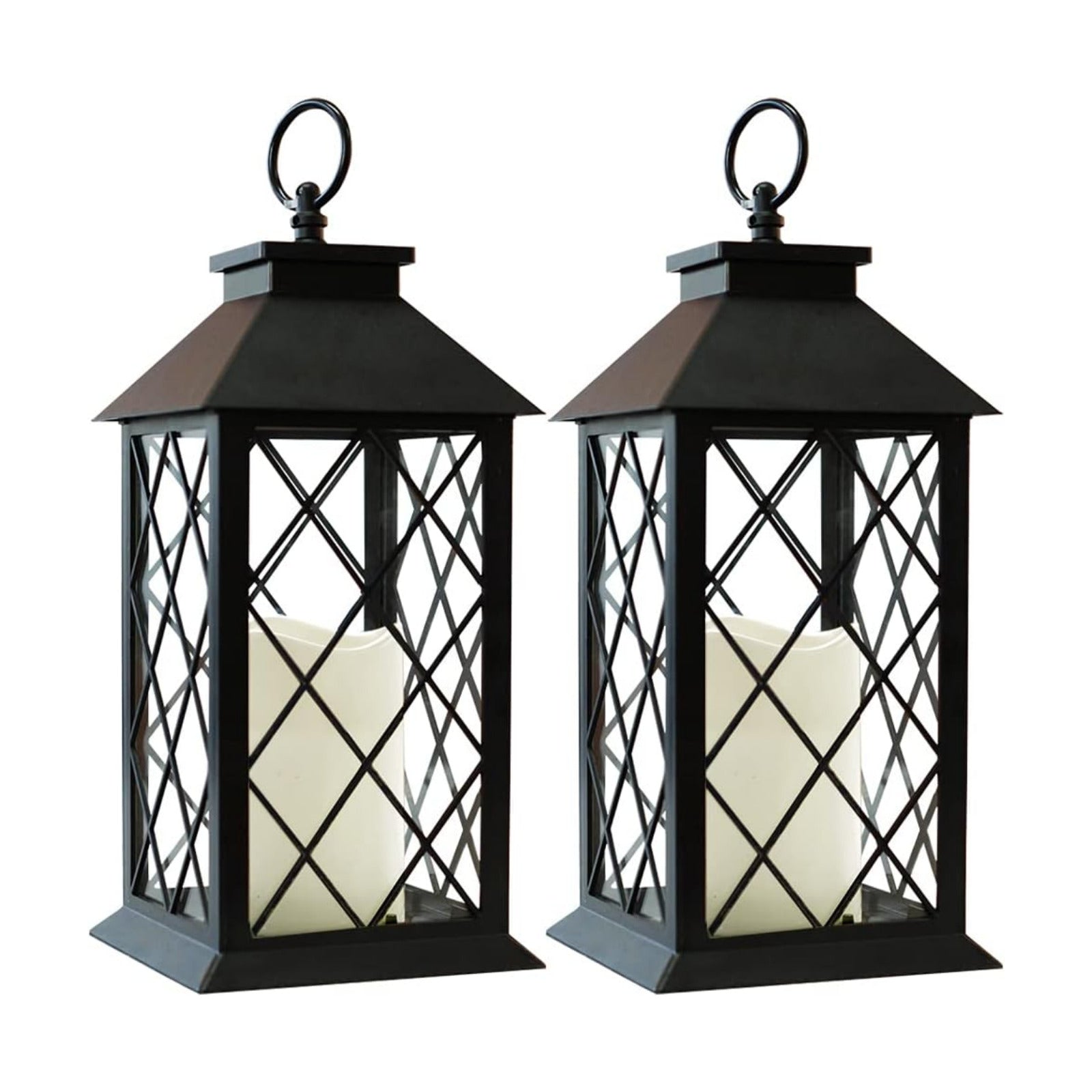 2-Pack 13.5" Vintage Candle Lantern with LED Pillar Candle (Black, 6hr Timer) - IP44 Waterproof Battery Powered
