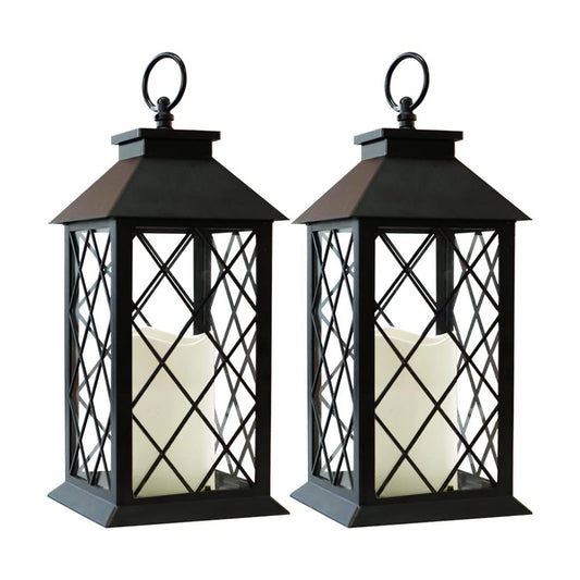 2-Pack 13.5" Vintage Candle Lantern with LED Pillar Candle (Black, 6hr Timer) - IP44 Waterproof Battery Powered